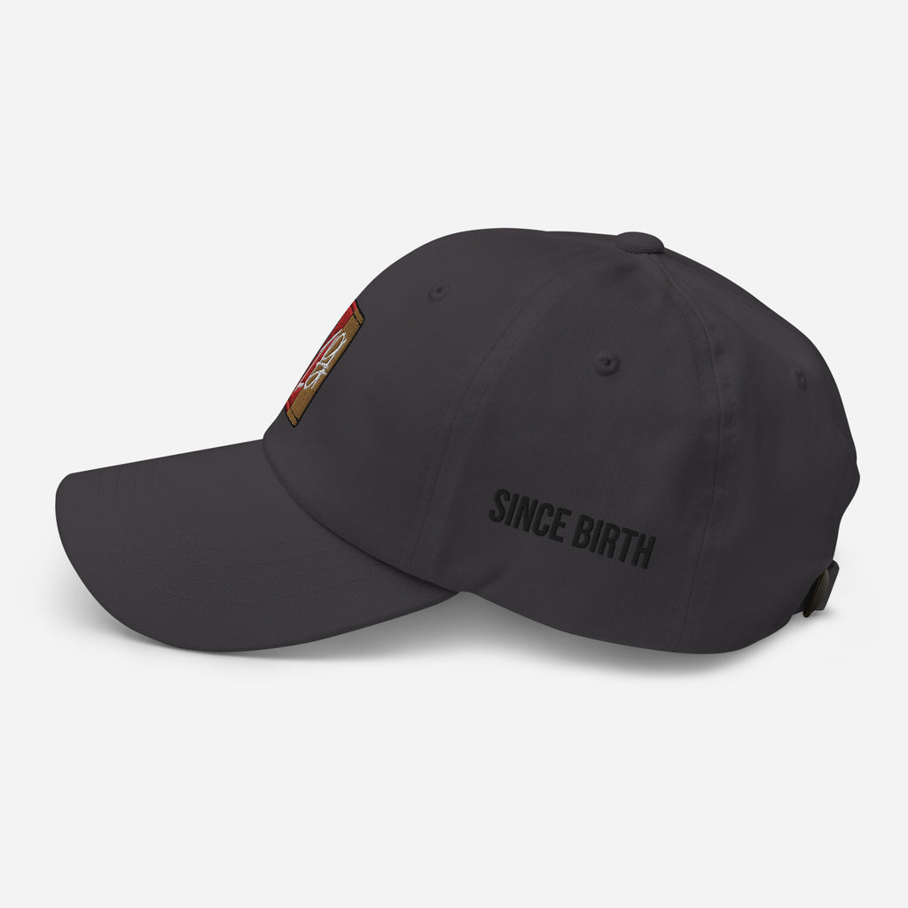 "Charcoal Gray dad hat with a black embroidered brand logo. The hat features a classic design and a comfortable fit, making it a great accessory for any casual outfit. The embroidered logo adds a touch of style and brand recognition, making it a great choice for fans of the brand."