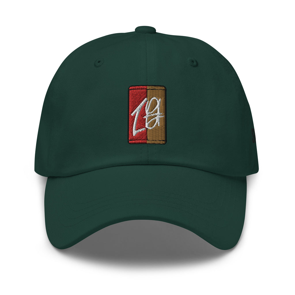 "Green dad hat with a black embroidered brand logo. The hat features a classic design and a comfortable fit, making it a great accessory for any casual outfit. The embroidered logo adds a touch of style and brand recognition, making it a great choice for fans of the brand."
