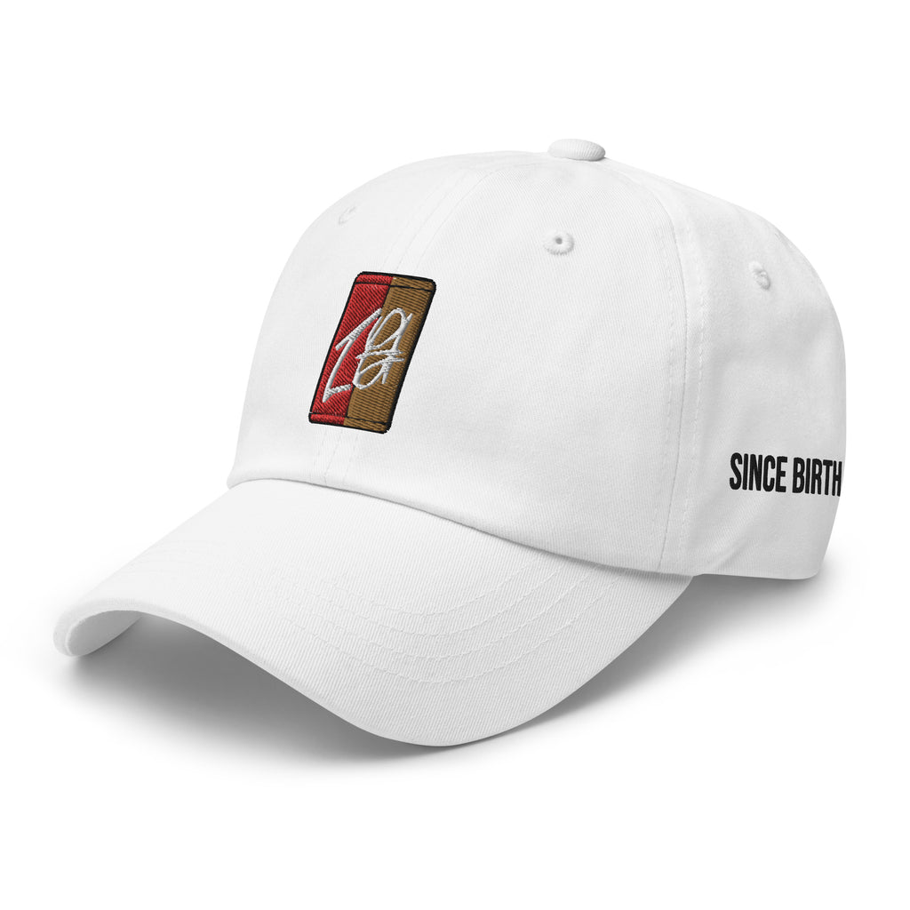 "White dad hat with a black embroidered brand logo. The hat features a classic design and a comfortable fit, making it a great accessory for any casual outfit. The embroidered logo adds a touch of style and brand recognition, making it a great choice for fans of the brand."