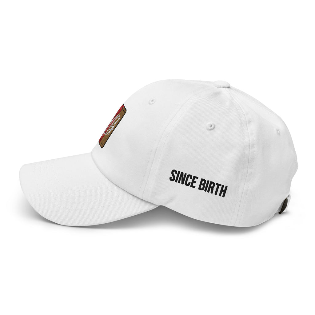 "White dad hat with a black embroidered brand logo. The hat features a classic design and a comfortable fit, making it a great accessory for any casual outfit. The embroidered logo adds a touch of style and brand recognition, making it a great choice for fans of the brand."