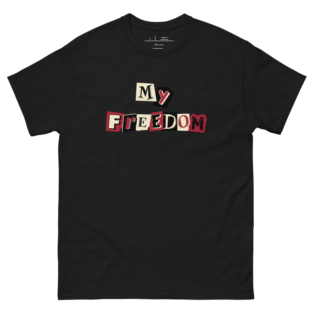 "Black t-shirt with black text that reads 'My Freedom for Ransom.' The shirt features a unique font and is perfect for making a statement. The design conveys a sense of defiance and determination, making it a great choice for anyone who is not afraid to stand up for what they believe in."