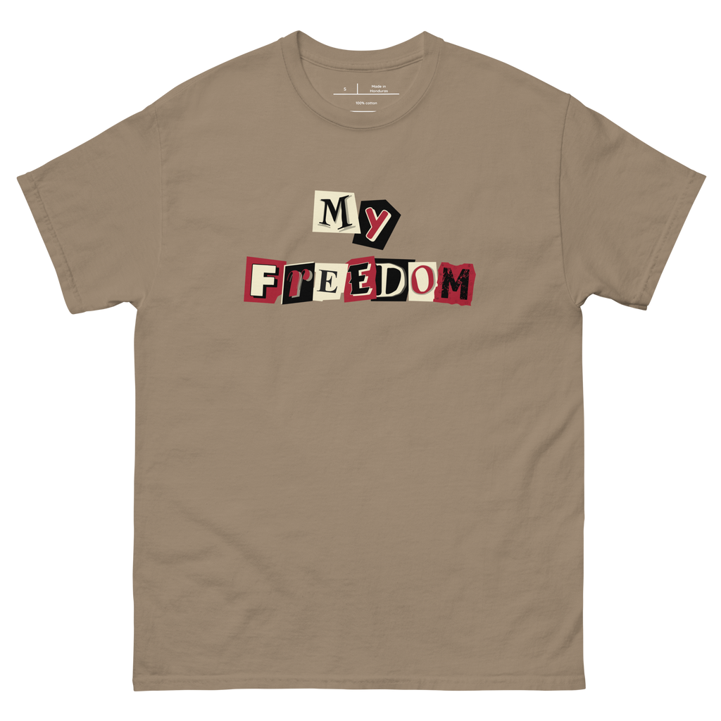 "Dark Brown t-shirt with black text that reads 'My Freedom for Ransom.' The shirt features a unique font and is perfect for making a statement. The design conveys a sense of defiance and determination, making it a great choice for anyone who is not afraid to stand up for what they believe in."