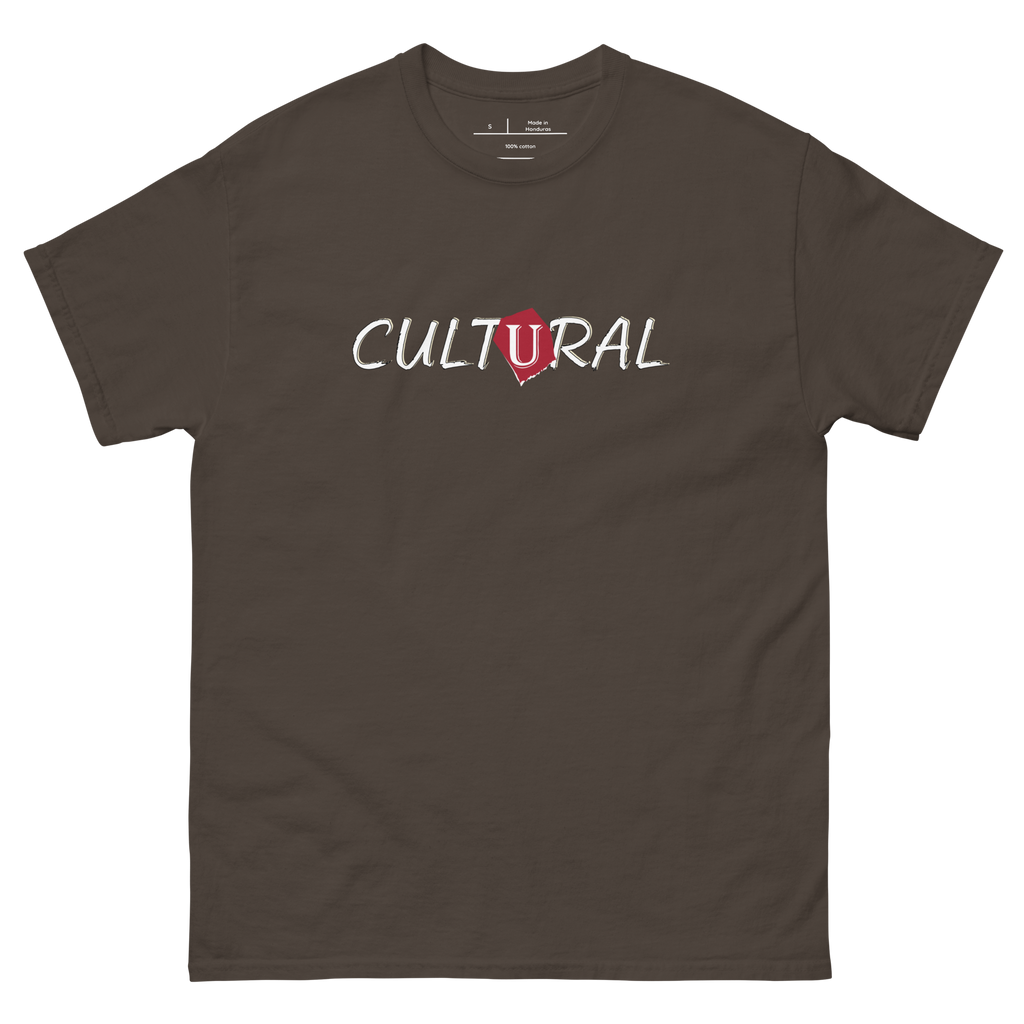 "Dark Brown t-shirt with white text that reads 'Cultural.' The t-shirt features a comfortable fit and a bold font. The design conveys a sense of culture and unification of minorities, making it a great choice for anyone who is not afraid to stand up for what they believe in."