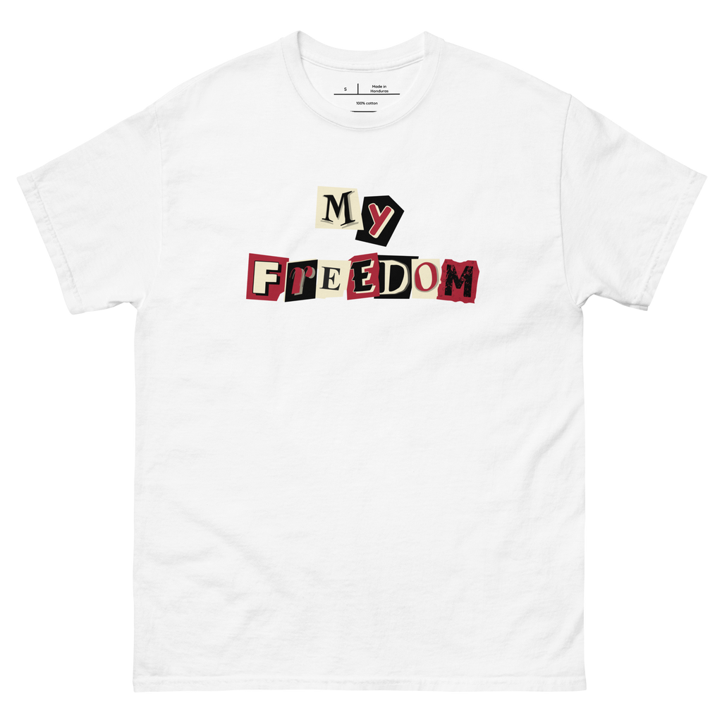 "White t-shirt with black text that reads 'My Freedom for Ransom.' The shirt features a unique font and is perfect for making a statement. The design conveys a sense of defiance and determination, making it a great choice for anyone who is not afraid to stand up for what they believe in."