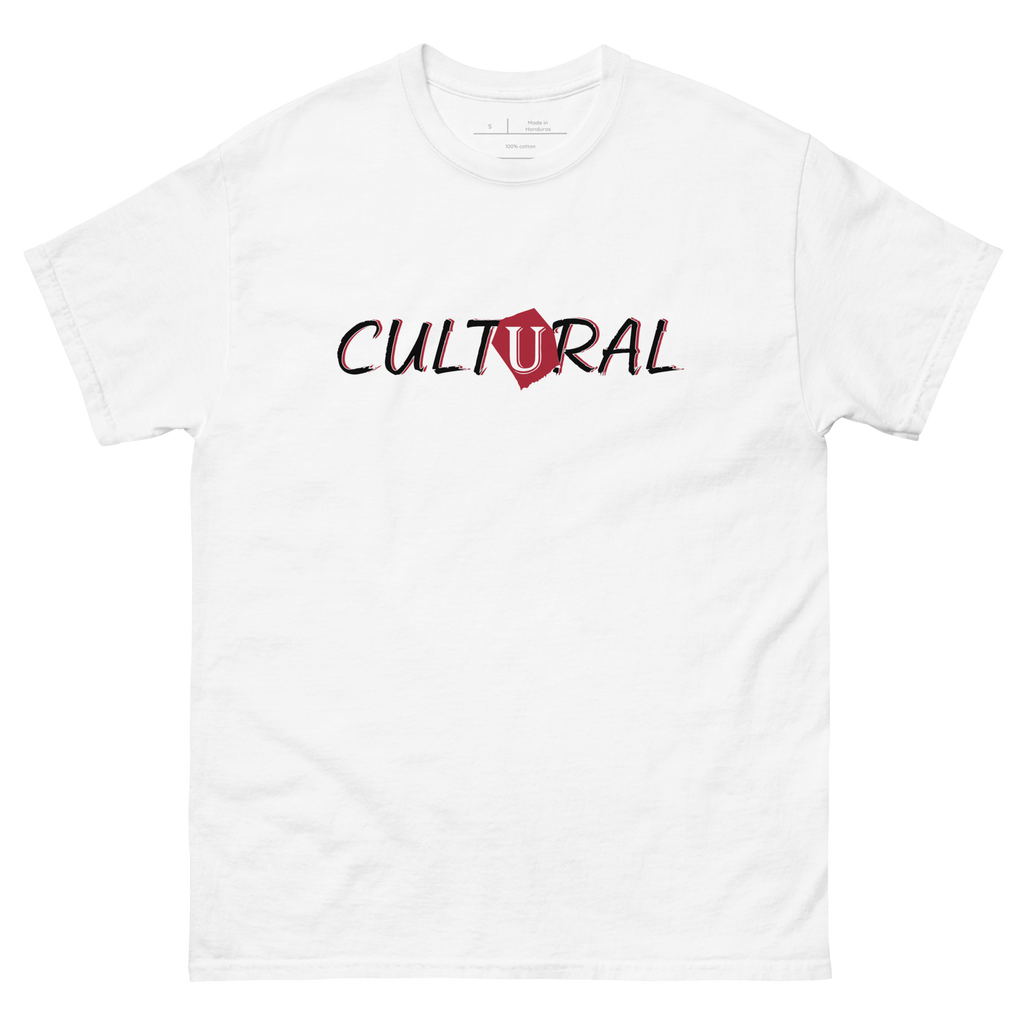 "Snow White t-shirt with black text that reads 'Cultural.' The t-shirt features a comfortable fit and a bold font. The design conveys a sense of culture and unification of minorities, making it a great choice for anyone who is not afraid to stand up for what they believe in."