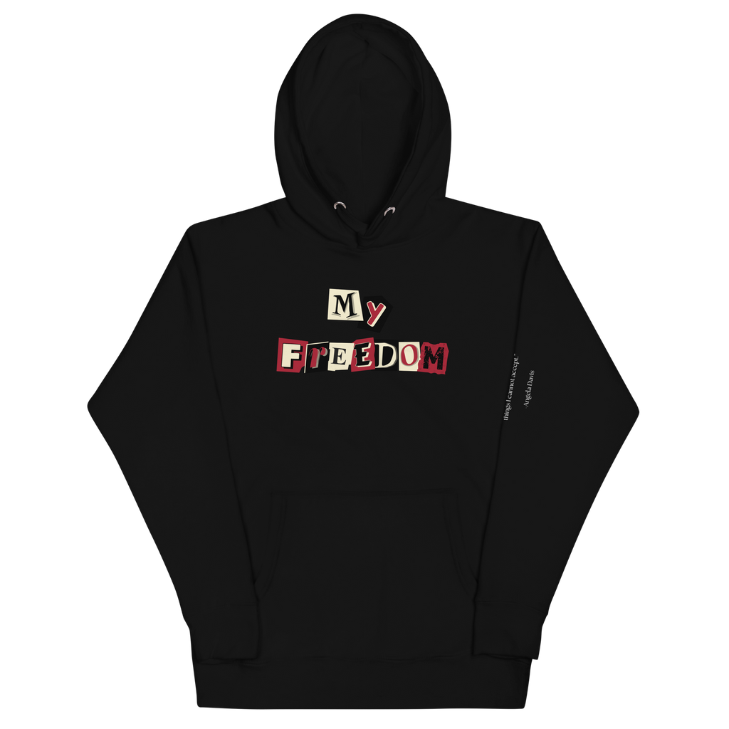 "Black hoodie with white text that reads 'My Freedom for Ransom.' The hoodie features a comfortable fit and a bold font. The design conveys a sense of defiance and determination, making it a great choice for anyone who is not afraid to stand up for what they believe in."