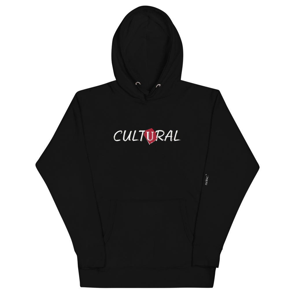 "Black hoodie with white text that reads 'Cultural.' The hoodie features a comfortable fit and a bold font. The design conveys a sense of culture and unification of minorities, making it a great choice for anyone who is not afraid to stand up for what they believe in."