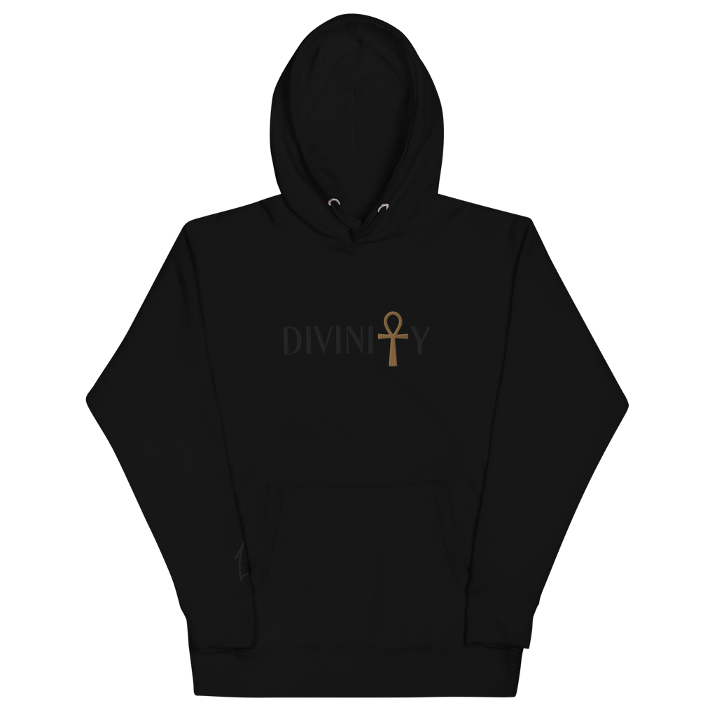 "Black hoodie with Black embroidered text that reads 'Divinity' with a golden ankh. The hoodie features a comfortable fit and a bold font. The design conveys a spiritual identity and sense of righteousness, making it a great choice for anyone who is not afraid to stand up for what they believe in."