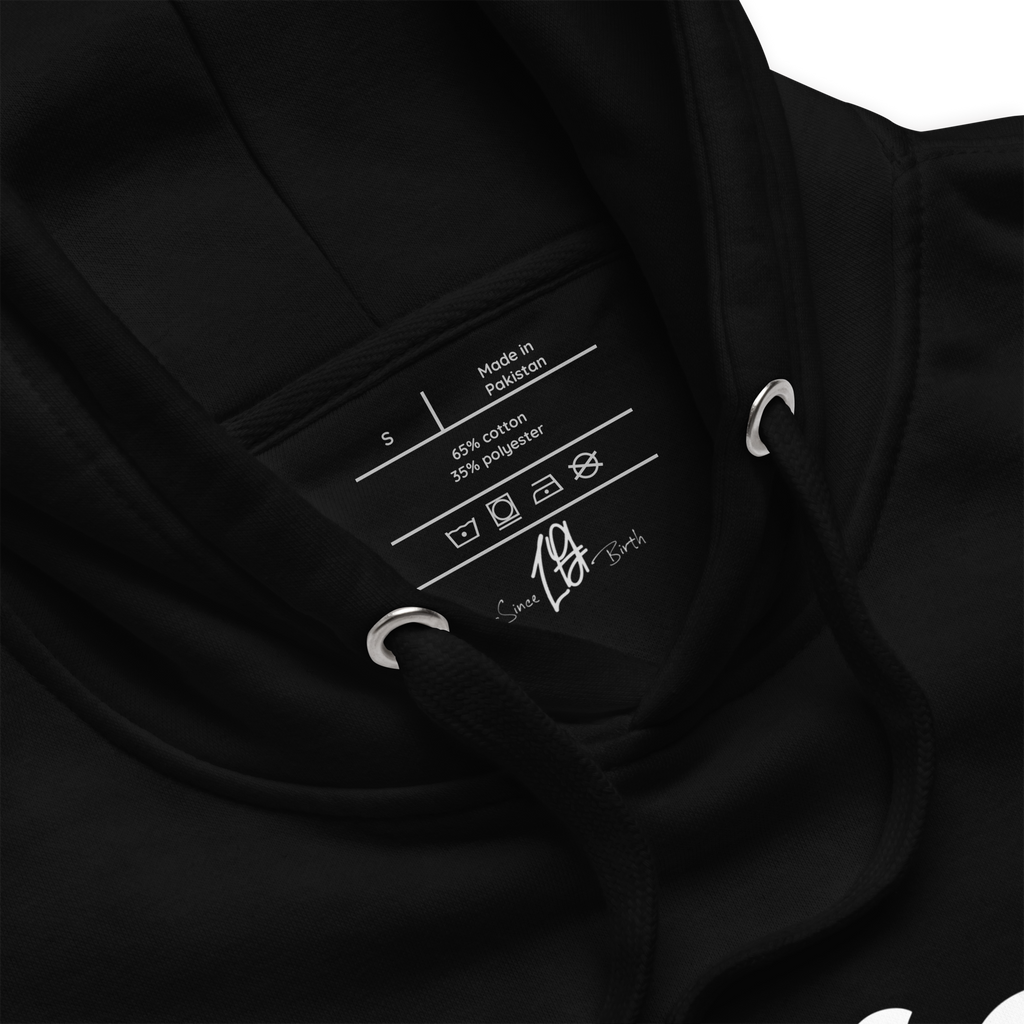"Black hoodie with white text that reads 'Since Birth.' The hoodie features a stylish font and is perfect for casual wear. The design conveys a sense of passion and drive, making it a great choice for anyone who is focused on achieving their goals."