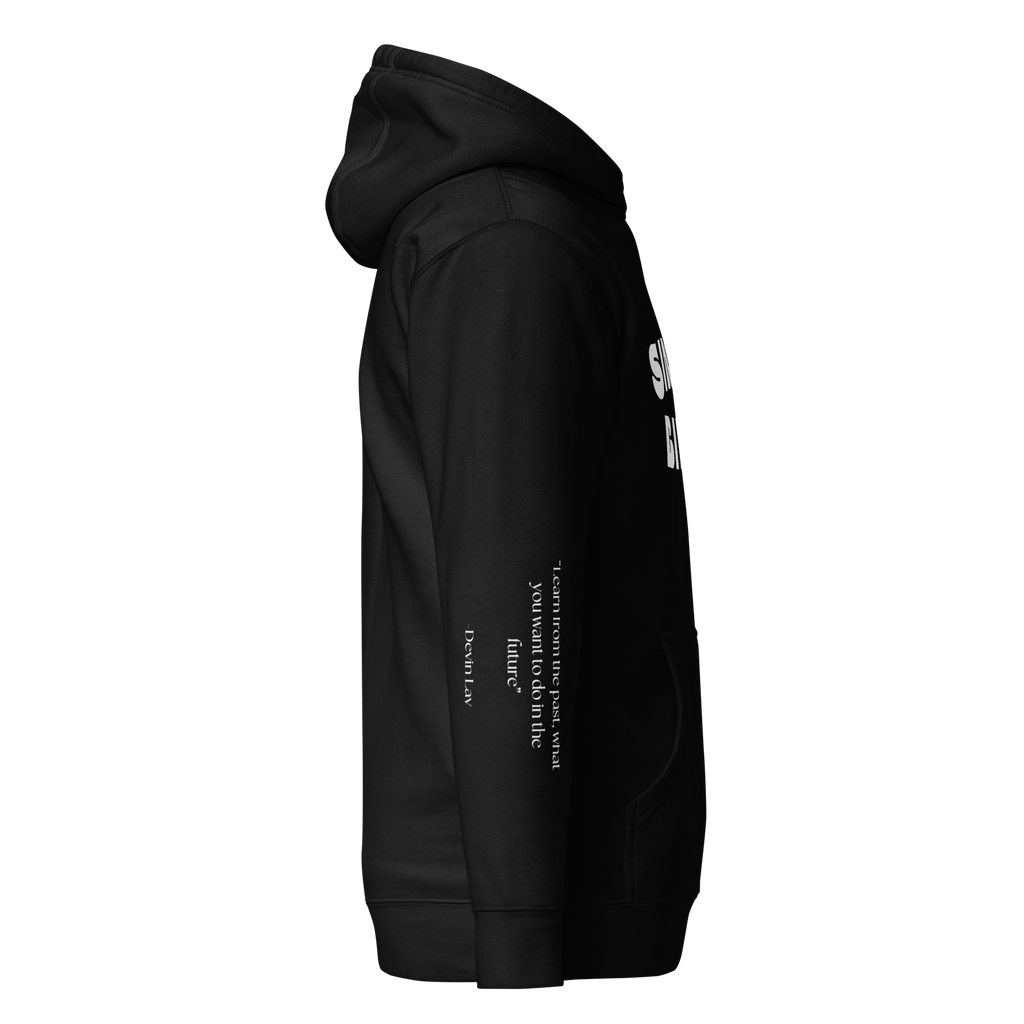 "Black hoodie with white text that reads 'Since Birth.' The hoodie features a stylish font and is perfect for casual wear. The design conveys a sense of passion and drive, making it a great choice for anyone who is focused on achieving their goals."