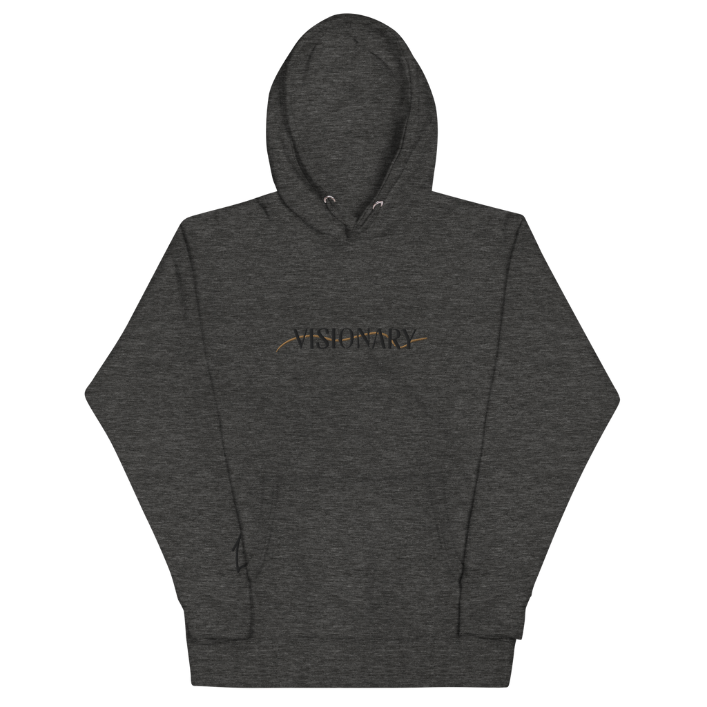 "Ash Grey hoodie with Black embroidered text that reads 'Visionary'. The hoodie features a comfortable fit and a bold font. The design conveys a spiritual identity and sense of individuality, making it a great choice for anyone who is not afraid to stand up for what they believe in."