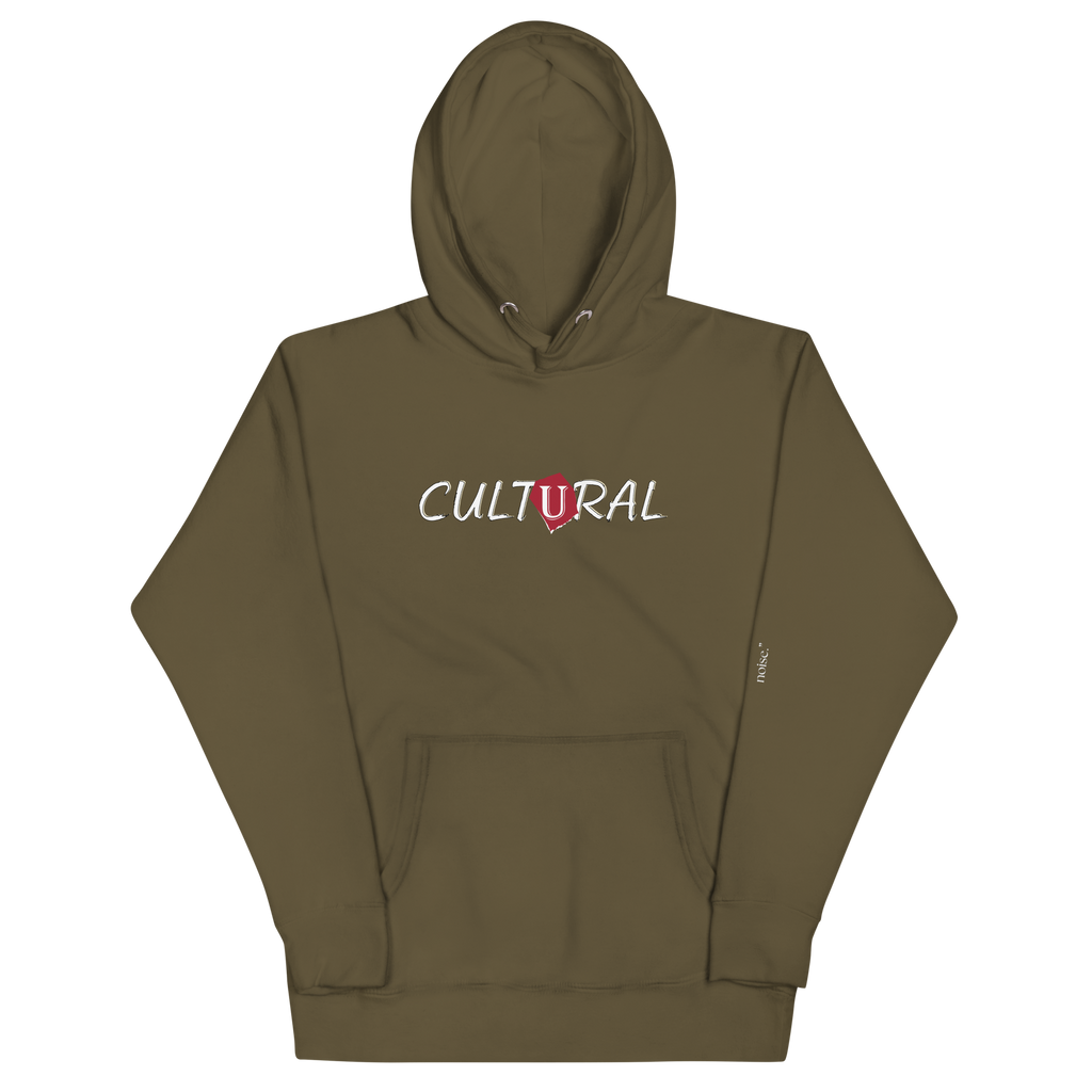"Military green hoodie with white text that reads 'Cultural.' The hoodie features a comfortable fit and a bold font. The design conveys a sense of culture and unification of minorities, making it a great choice for anyone who is not afraid to stand up for what they believe in."