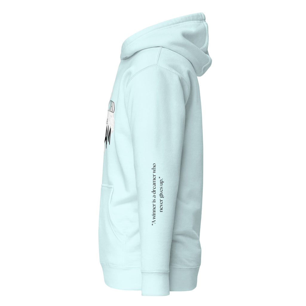 "Mint hoodie with white text that reads 'My Freedom for Ransom.' The hoodie features a comfortable fit and a bold font. The design conveys a sense of defiance and determination, making it a great choice for anyone who is not afraid to stand up for what they believe in."