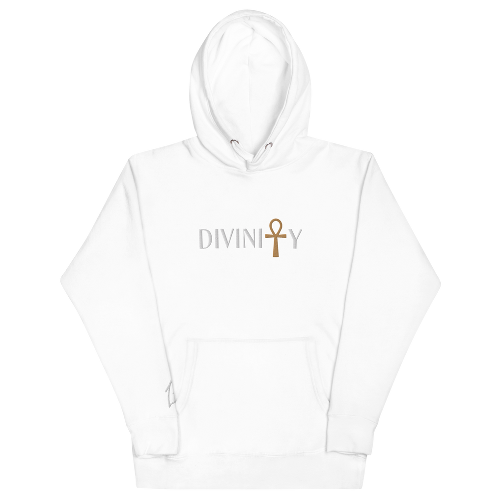 "White hoodie with white embroidered text that reads 'Divinity' with a golden ankh. The hoodie features a comfortable fit and a bold font. The design conveys a spiritual identity and sense of righteousness, making it a great choice for anyone who is not afraid to stand up for what they believe in."