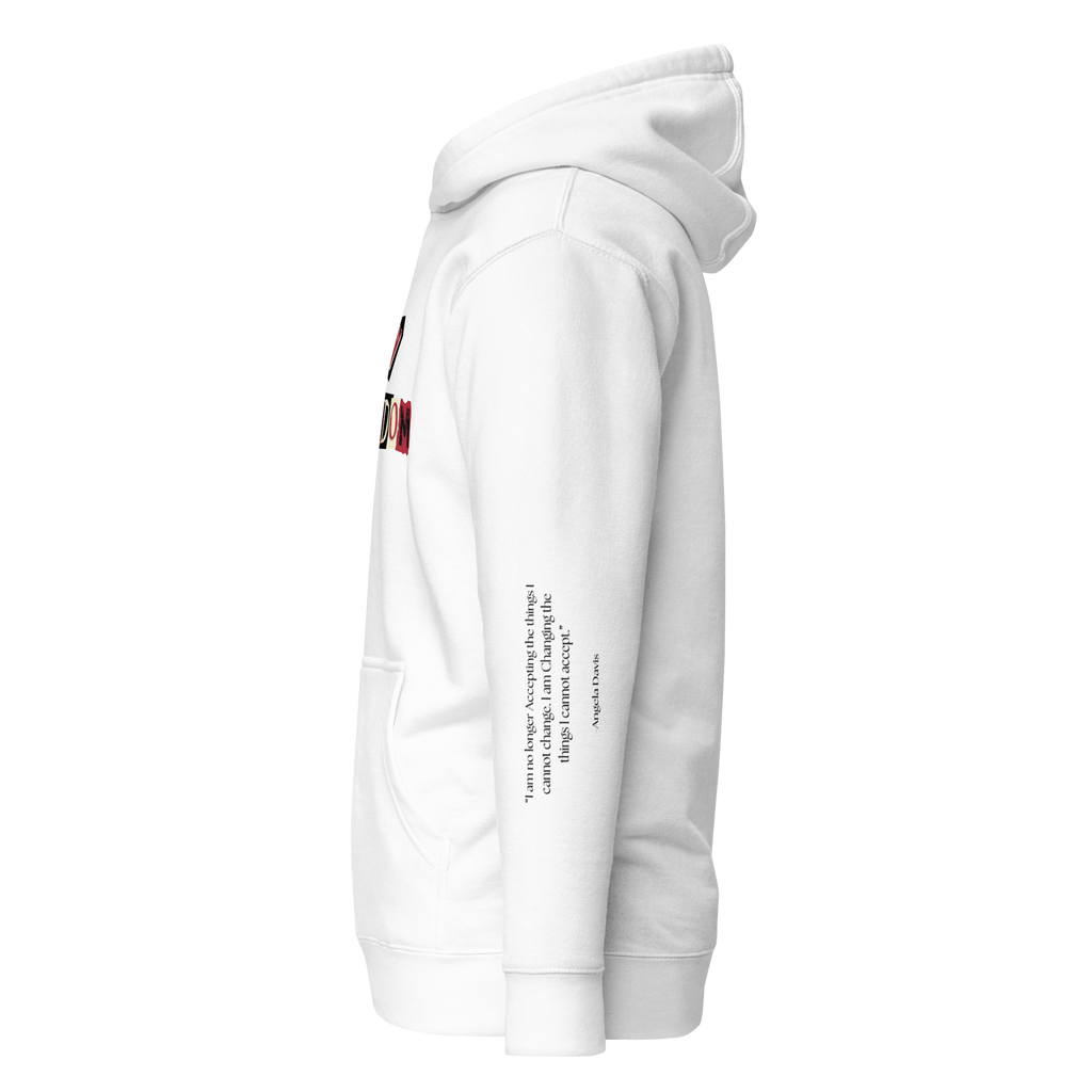 "White hoodie with white text that reads 'My Freedom for Ransom.' The hoodie features a comfortable fit and a bold font. The design conveys a sense of defiance and determination, making it a great choice for anyone who is not afraid to stand up for what they believe in."